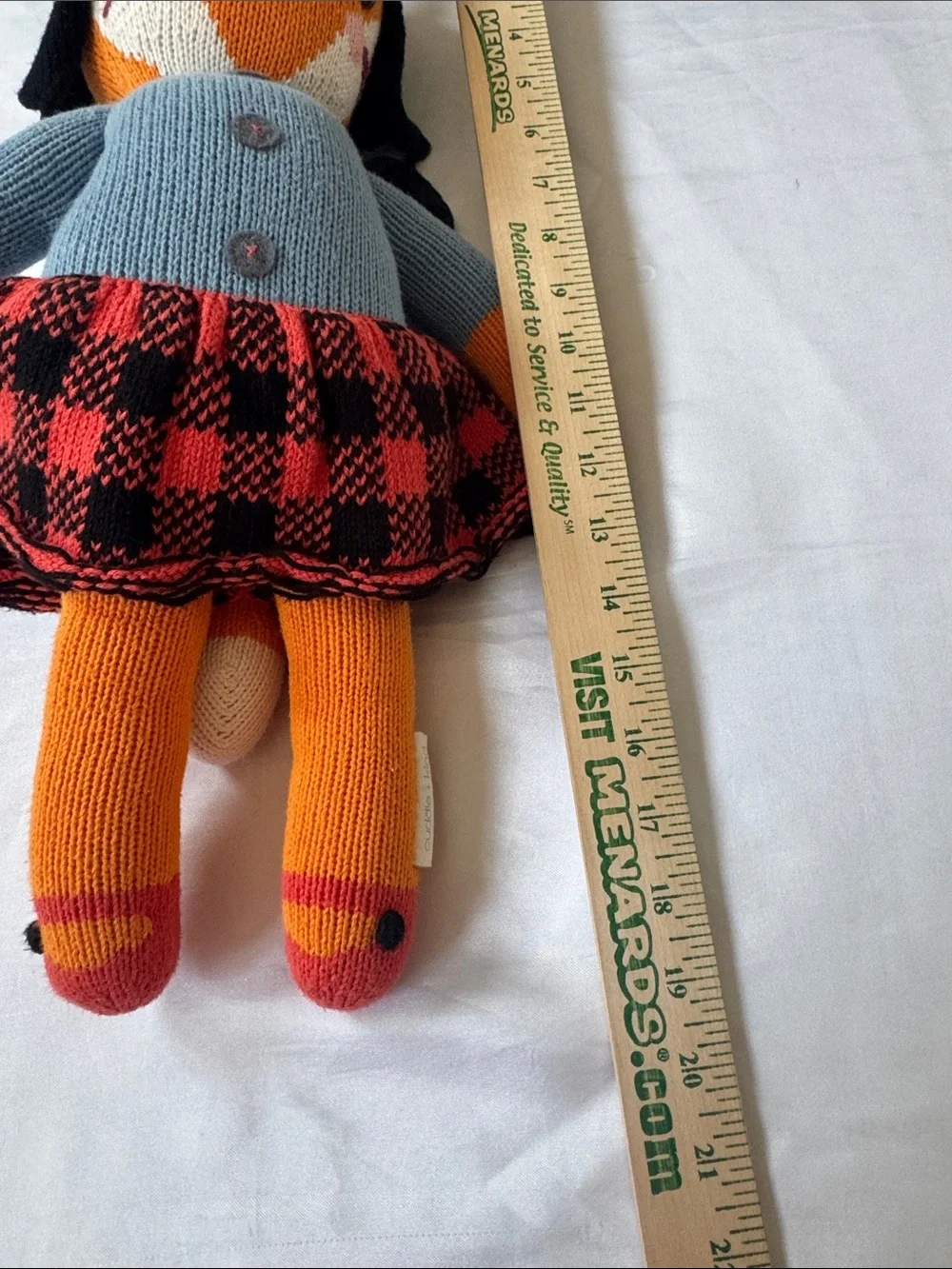 Cuddle +Kind Handmade Orange Fox Knit Doll with Blue Sweater and Black Hat
